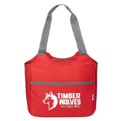 Red polyester cooler with a personalized imprint.