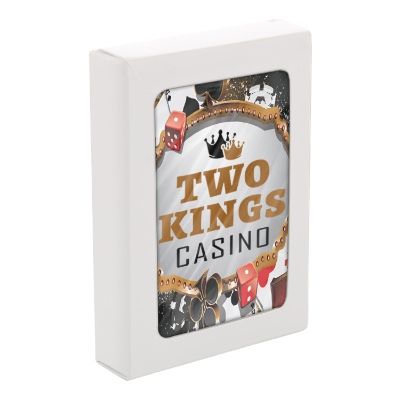 Black paper playing cards with a custom imprint.