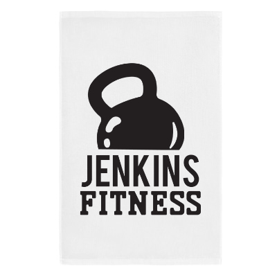 White hand towel with custom imprint.