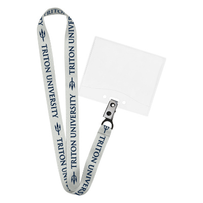 3/4 inch light blue satin polyester custom lanyard with bulldog clip and horizontal ID holder.