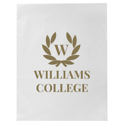 White plastic mailer bag with a personalized logo.