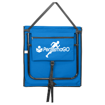 Blue polyester chair with a custom logo.