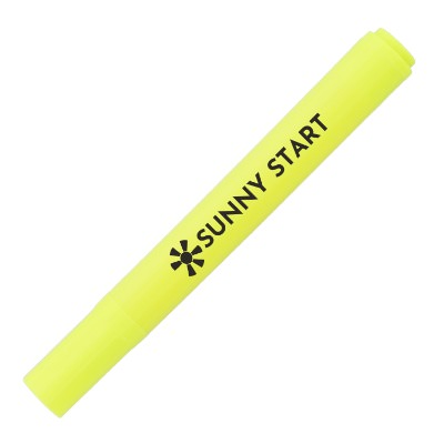 Yellow plastic highlighter with a branded logo.
