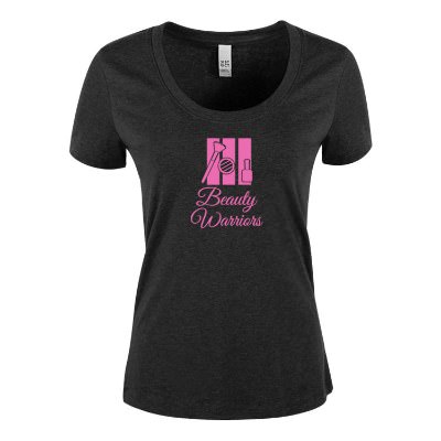 Heathered charcoal women's t-shirt with custom logo.