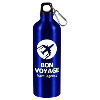 Aluminum silver water bottle with custom logo and screw on lid in 26 ounces.