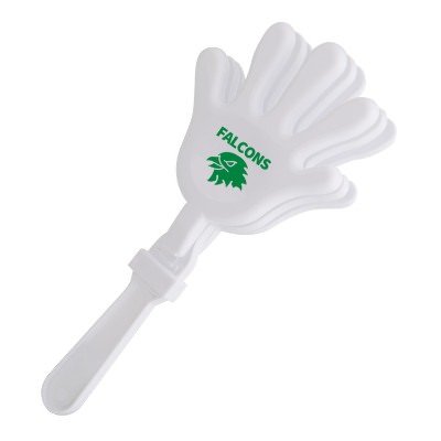 White plastic hand noise maker with a personalized logo.