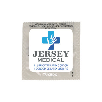 Silver latex condom with a personalized imprint.