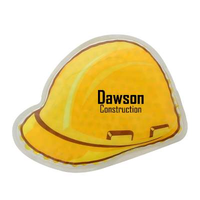 Plastic yellow hot and cold pack with a custom imprint.
