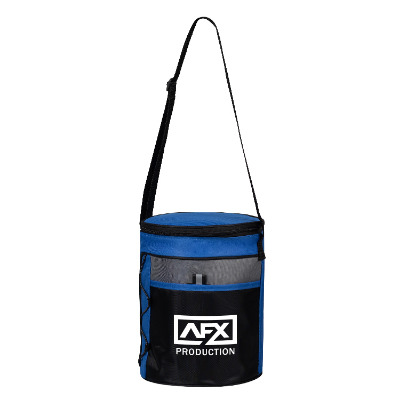Blue polyester cooler with a customized logo.