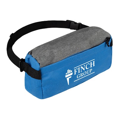 Royal blue fanny pack with personalized imprint.