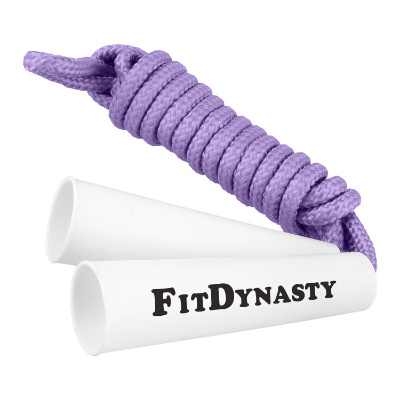 Purple jump rope with custom logo on handle.