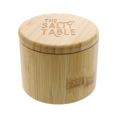 Bamboo salt box with laser engraved imprint.