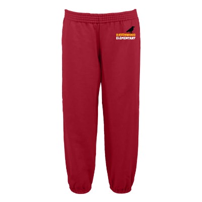 Customized red youth sweatpant with full color imprint.