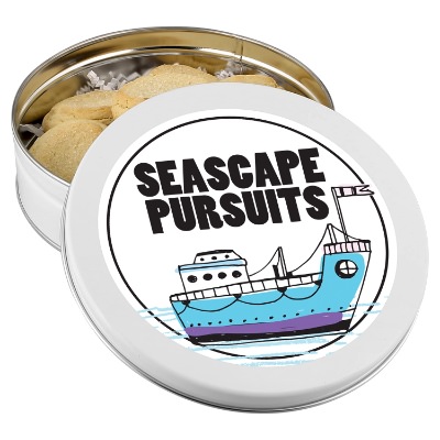 White candy tin with a personalized imprint.
