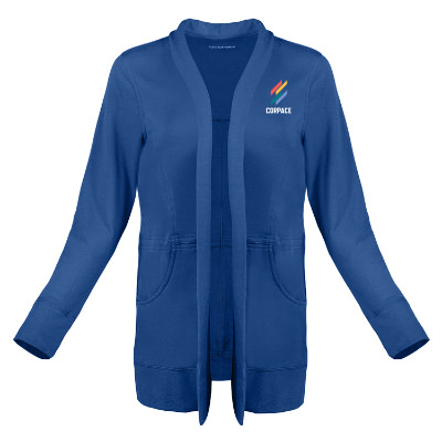 Blue cardigan with custom full color imprint.