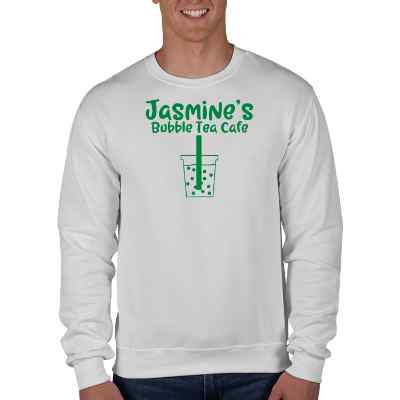 White nublend fleece crew with custom logo.