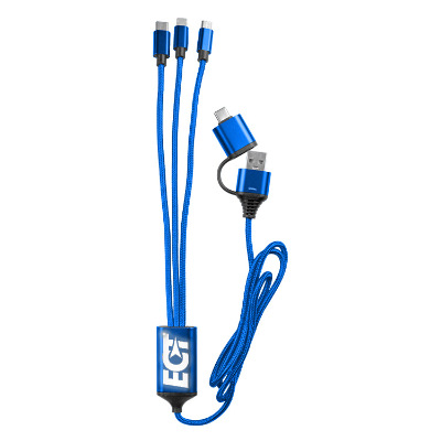 Blue plastic charging cable with a custom imprint.