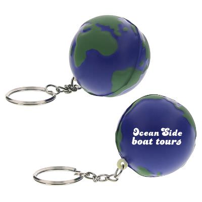 Foam earth stress ball key ring with a custom imprinted brand.