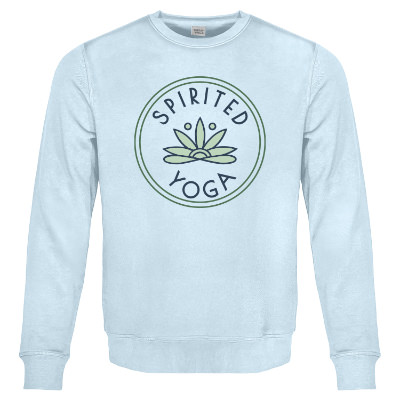 Custom blue ice crewneck with full color logo.