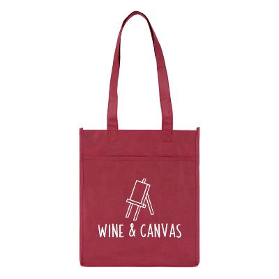 Non-woven polypropylene burgundy six bottle tote with logo.