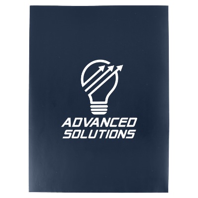 Dark blue paper folder with a customized imprint.