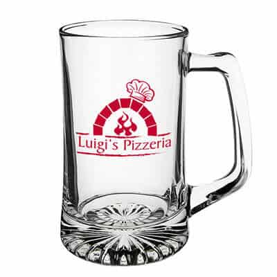 Glass clear beer glass with custom imprint in 25 ounces.