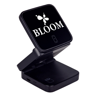Black plastic charging station with a custom logo.