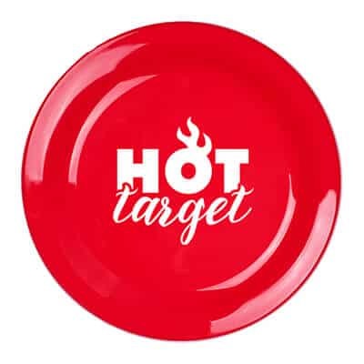 Plastic red flying disc with custom imprint.