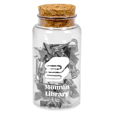 Plastic jar with a cork top holding gold binder clips with a custom promotional imprint.