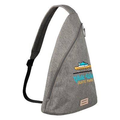 Recycled sling bag with custom promotional full-color imprint.