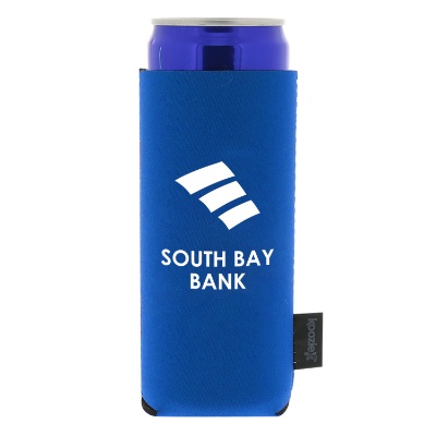 Foam red magnetic can cooler with custom imprint.