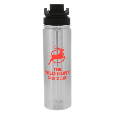 Stainless steel bottle with custom logo.