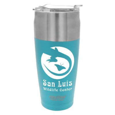 Turquoise tumbler with custom logo.