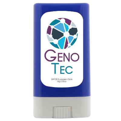 Plastic white sunscreen face stick with a branded logo.
