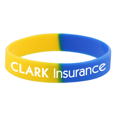 Blue with yellow silicone wristband with a personalized imprint.