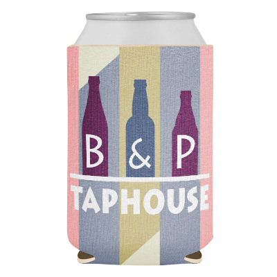 Boho striped can cooler with custom full color imprint.