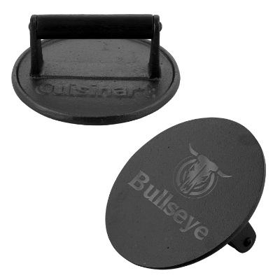 Black stainless steel burger press with laser engraved imprint.