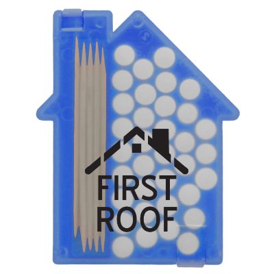 Translucent blue custom house shaped pick and mints.