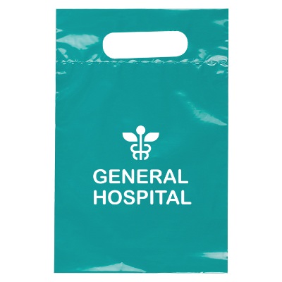 Plastic teal die cut bag with customized logo.