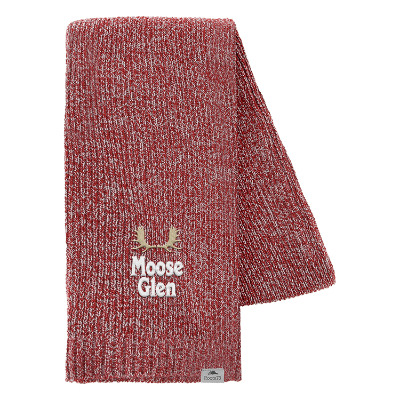 Red heather scarf with custom embroidered imprint.