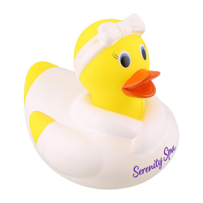 Yellow plastic rubber duck with a customized imprint.