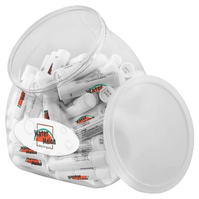 Clear plastic tub with white lip balm with a custom logo.