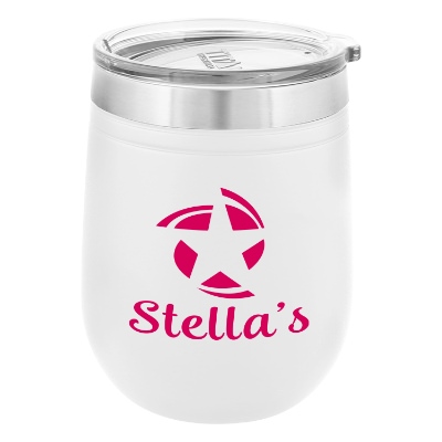 White thermal wine glass with custom logo.