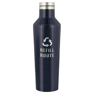 Gloss navy stainless bottle with engraved logo.