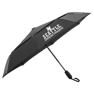 Black shed rain vortex V2 vented compact umbrella with custom imprint.