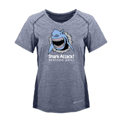 Women's navy heather t-shirt with custom full color imprint.