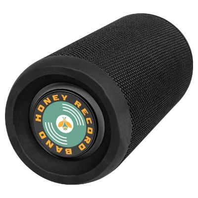 Black plastic speaker with a personalized logo.