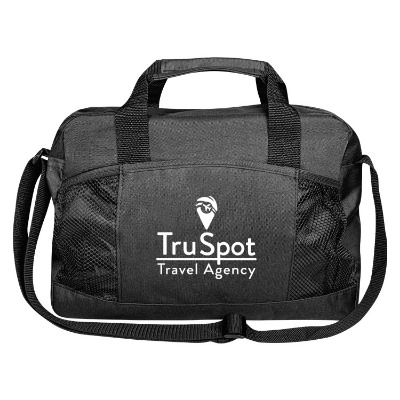 Black messenger bag with pocket and custom logo.