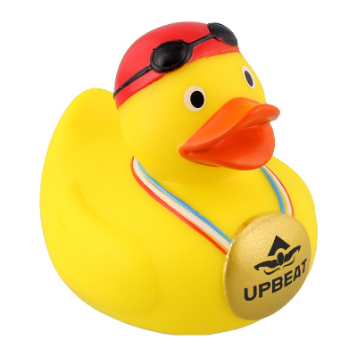 Yellow plastic rubber duck with a customized imprint.
