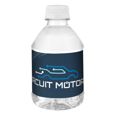 Clear plastic bottled water with a custom logo.